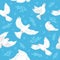 Dove seamless pattern. White flying pigeons, cartoon free birds flock motion, peace symbols, plant sprigs and flowers