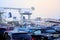 Dover, England - July 27 2018: Cars and vans at the ferry port in early morning, waiting to board the cross channel ferry boat