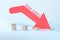 Dow Jones Industrial Average or DJIA index in red downward arrow with decreasing stack of coins. Bearish run in United States US