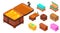 Dower chest icons set, isometric style