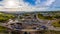 DOWLAIS, WALES, UK - OCTOBER 18 2022: Panoramic aerial view of roadworks and traffic cones during the dualling of the A465 road in