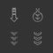 Down arrows chalk white icons set on black background. Double arrowhead in circle. Scrolldown button. Arrows interface