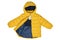 Down jacket for children. Stylish, yellow, warm winter jacket for children with removable hood, isolated on a white background.