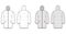 Down puffer jacket coat technical fashion illustration with hoody collar, zip-up closure, oversized, thigh length