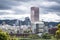 Down town of Portland with high-rise office buildings and apartments against a stormy sky