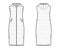 Down vest puffer waistcoat technical fashion illustration with hoody collar, zip-up closure, pockets, loose body