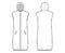 Down vest puffer waistcoat technical fashion illustration with hoody collar, zip-up closure, pockets, loose, knee length