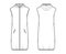 Down vest puffer waistcoat technical fashion illustration with hoody collar, zip-up closure, pockets, loose, knee length