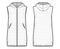 Down vest puffer waistcoat technical fashion illustration with sleeveless, hoody collar, loose fit, narrow quilting