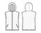 Down vest puffer waistcoat technical fashion illustration with sleeveless, hoody collar, zip-up closure, hip length