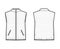 Down vest puffer waistcoat technical fashion illustration with stand collar, loose fit, hip length, narrow quilting