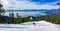 Downhill skiing above Lake Tahoe