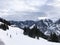 Downhill slope and apres ski and beautiful view of the Alps mountains