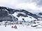 Downhill slope and apres ski and beautiful view of the Alps mountains