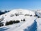 Downhill slope and apres ski mountain hut with restaurant terrace in Saalbach Hinterglemm Leogang winter resort, Tirol