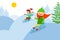Downhill from a snowy mountain kids on sled flat vector illustration. Friends character in a warm hat and sweater
