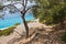 Downhill to sand dunes of Agios Pavlos beach from e4 trail between Loutro and Agia Roumeli at south-west of Crete island