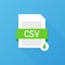 Download CSV button. Downloading document concept. File with CSV label and down arrow sign. Vector illustration.