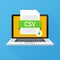 Download CSV button on laptop screen. Downloading document concept. File with CSV label and down arrow sign. Vector illustration.