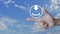 Download flat icon on finger over blue sky with white clouds, Technology internet online concept