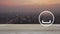 Download flat icon on wooden table over blur of cityscape on warm light sundown, Technology internet online concept