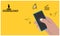 Download with hand held smartphone on the yellow background. Where to download music, document movies, etc. Flat vector illustrati