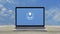 Download icon on modern laptop computer screen on wooden table over blue sky with white clouds, Technology internet online co