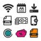 Download icon. Shopping sale symbol. HTML document and Calendar July icons. Globe circle sign. Money yen icon.