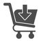 Download shopping cart glyph icon. Market trolley with save button, arrow sign. Commerce vector design concept, solid