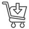 Download shopping cart line icon. Market trolley with save button, arrow sign. Commerce vector design concept, outline