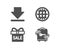 Downloading, Sale offer and Globe icons. Luggage sign. Load information, Gift box, Internet world.