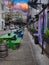 Downtown Birmingham Alabama street view of tables, bench\\\'s and colorful sky