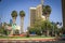 Downtown by day. Buildings, palm trees and cars on the road