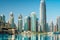 Downtown Dubai district skyline panorama with high rise buildings reflected in pool water. United Arab Emirates, UAE