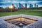 Downtown Houston from Police Memorial park at dramatic sunset. Green park lawn and modern skylines. The most populous city in