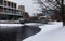 Downtown Kalamazoo in snow. view from Arcadia Creek playground.