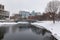 Downtown Kalamazoo in snow. view from Arcadia Creek playground.