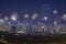 Downtown Los Angeles city scape with flashing fireworks on new years