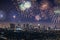 Downtown Los angeles cityscape with fireworks celebrating New Year\'s Eve.