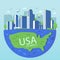 Downtown Los Angeles.Skyline american city.Usa map.Green city concept.