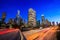 Downtown Los Angeles skyline during rush hour