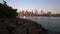 Downtown Manhattan View close to water with Brooklyn Bridge in Beautiful Sunrise Sunlight in Summer Water, Morning