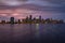 Downtown Miami skyline at sunset, Florida. Miami Florida, skyline of downtown night colorful skyscraper buildings.