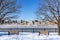 Downtown Montreal in winter. Cityscape across the frozen St Lawrence river