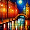 Downtown Nightscape Reflected in the Water Nostalgic Landscape Illustration
