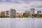 Downtown Oakland as seen from across Lake Merritt on a cloudy spring day