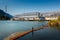 Downtown Portland, Oregon, USA - July 27, 2019: Bradford Island Visitorâ€™s Center with Power Plant and fish ladder