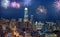 Downtown San Francisco cityscape with flashing fireworks Celebrating New Years Eve