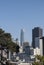 Downtown of San Francisco. Skyscrapers, modern architecture, cars, people walking