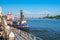 Downtown Savannah riverfront with blue sky